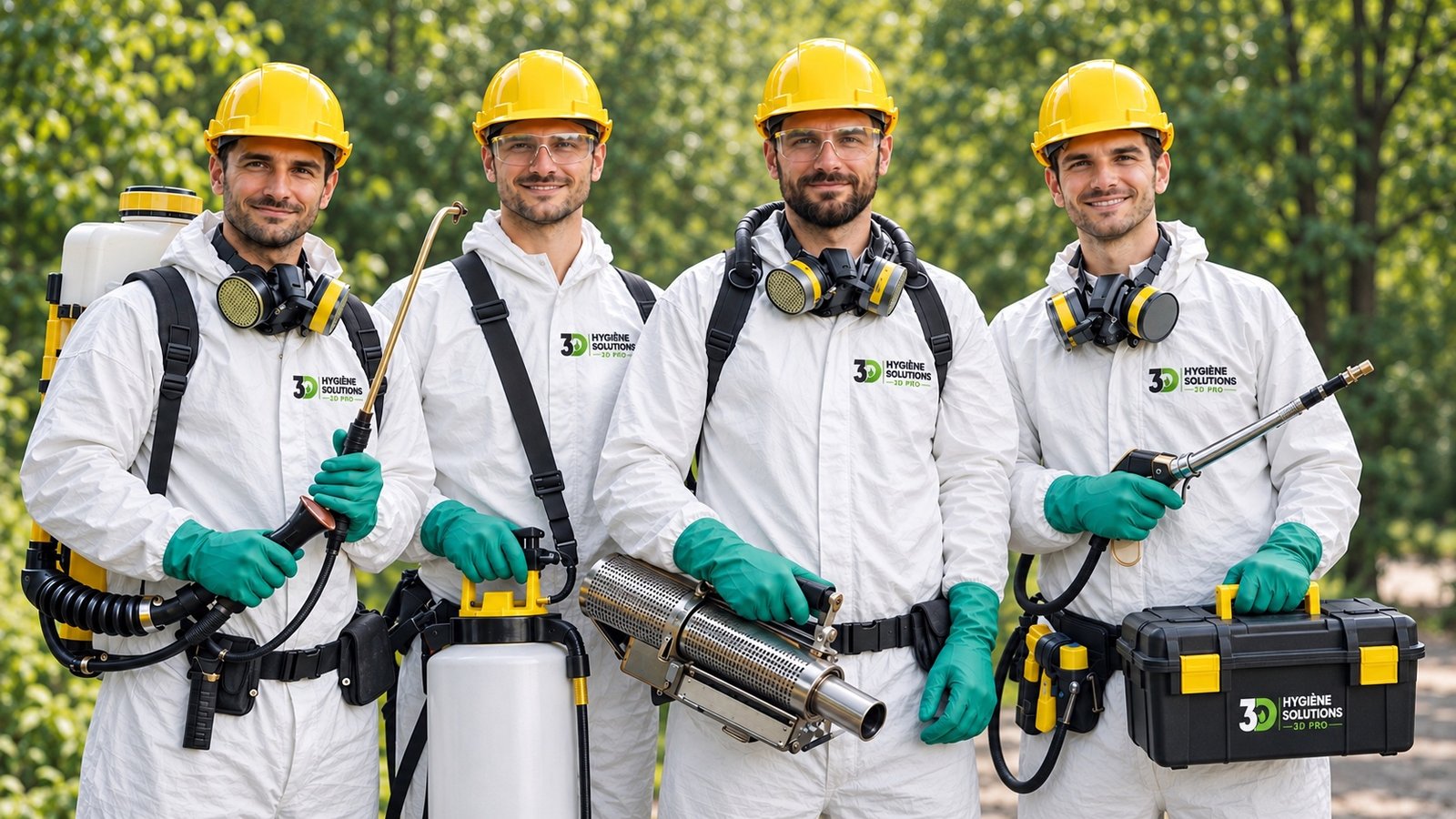 Quatre techniciens en tenue Hygiène Solutions 3D Pro avec leur matériel